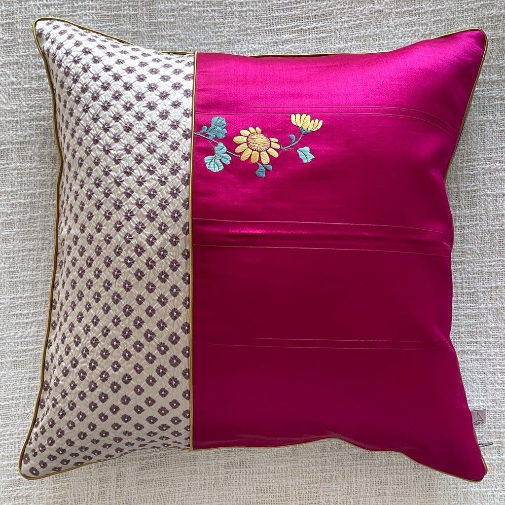Vintage Kimono Cushion Cover with Fukujuso Embroidery