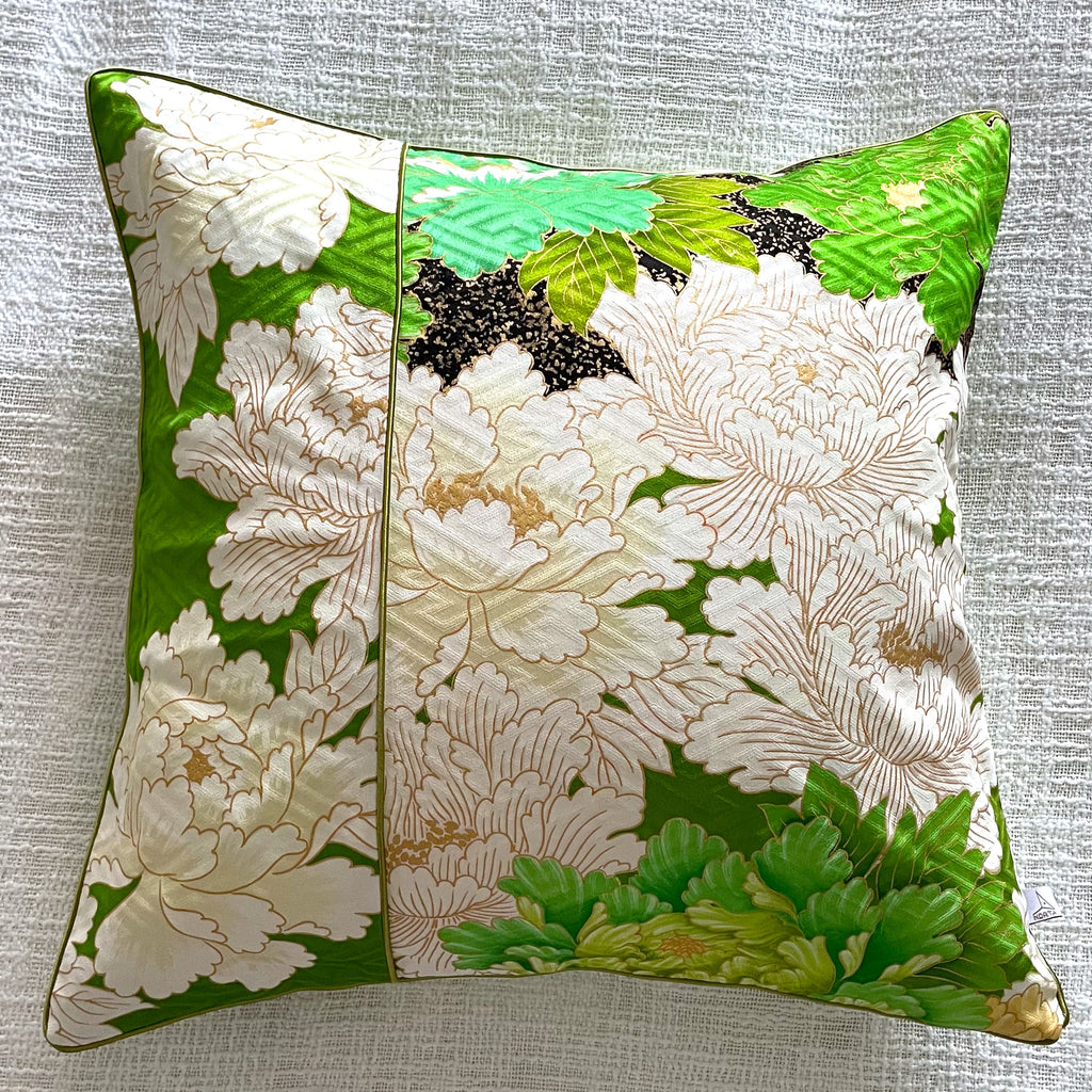 Vintage Kimono Cushion Cover Green and Peony