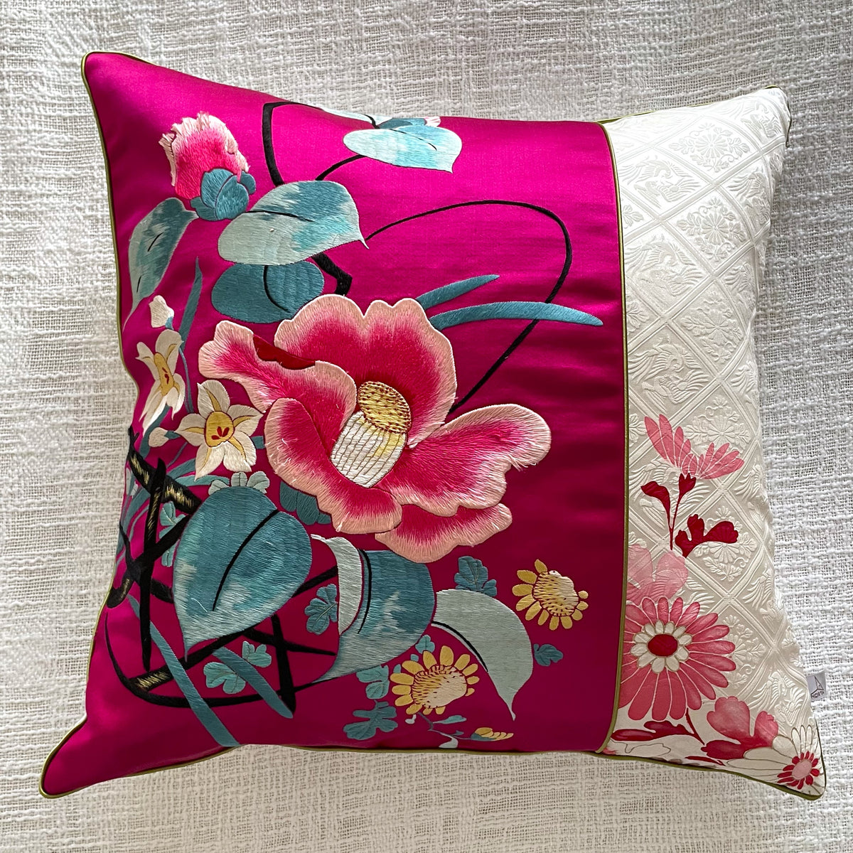 Vintage Kimono Cushion Cover with Camellia Embroidery