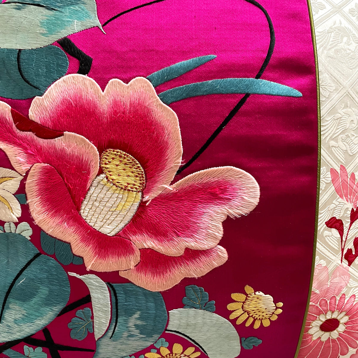 Vintage Kimono Cushion Cover with Camellia Embroidery