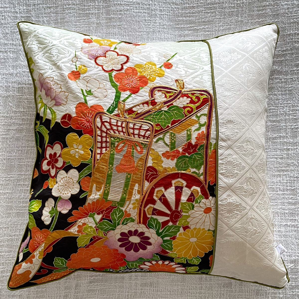 Vintage Kimono Cushion Cover Gold Flower Car