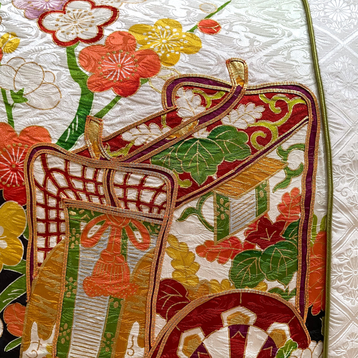 Vintage Kimono Cushion Cover Gold Flower Car