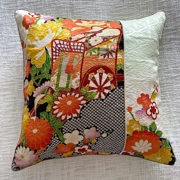 Vintage Kimono Cushion Cover Hanaguruma (Flower car)