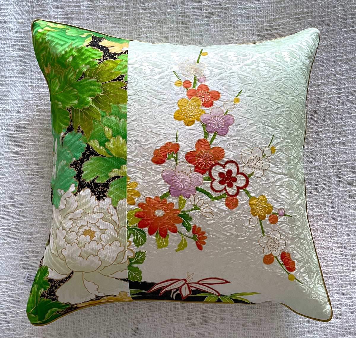 Vintage Kimono Cushion Cover Peony and Plum Blossoms